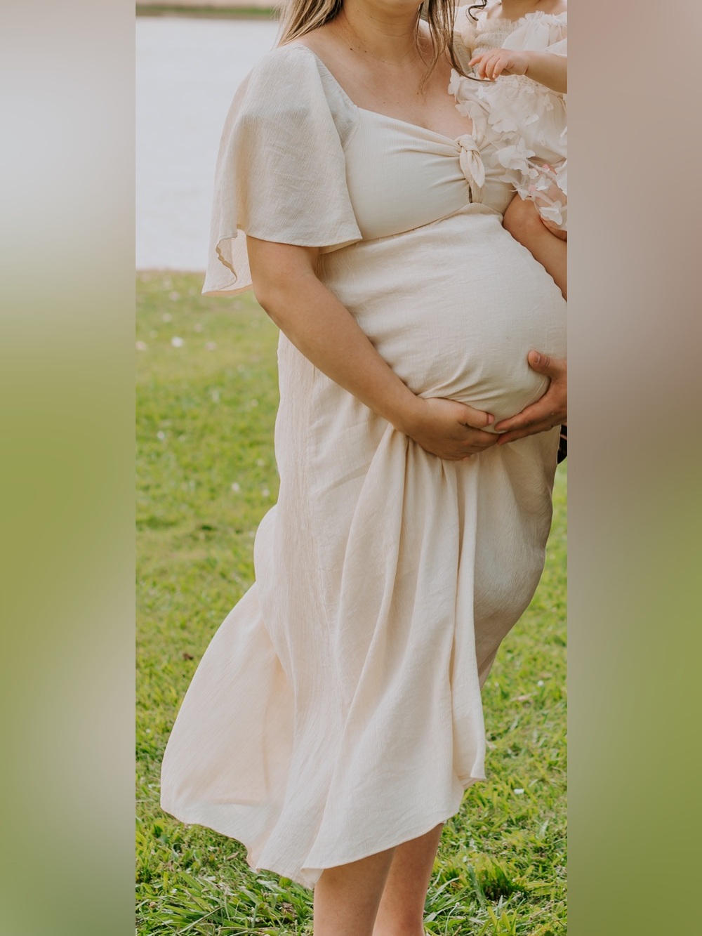 Pinkblush Cream Front Tie Ruffle Sleeve Maternity Midi Dress - Picture 2 of 4